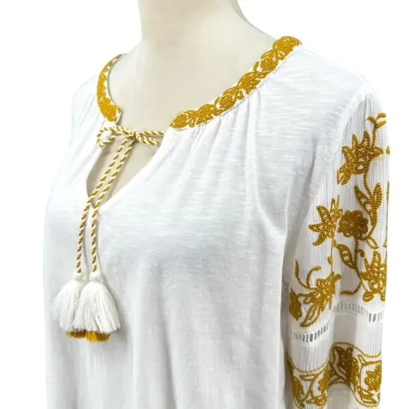 By Anthropologie Aja White Knit Golden Yellow Embroidered Long Sleeve Boho Top - Picture 8 of 15